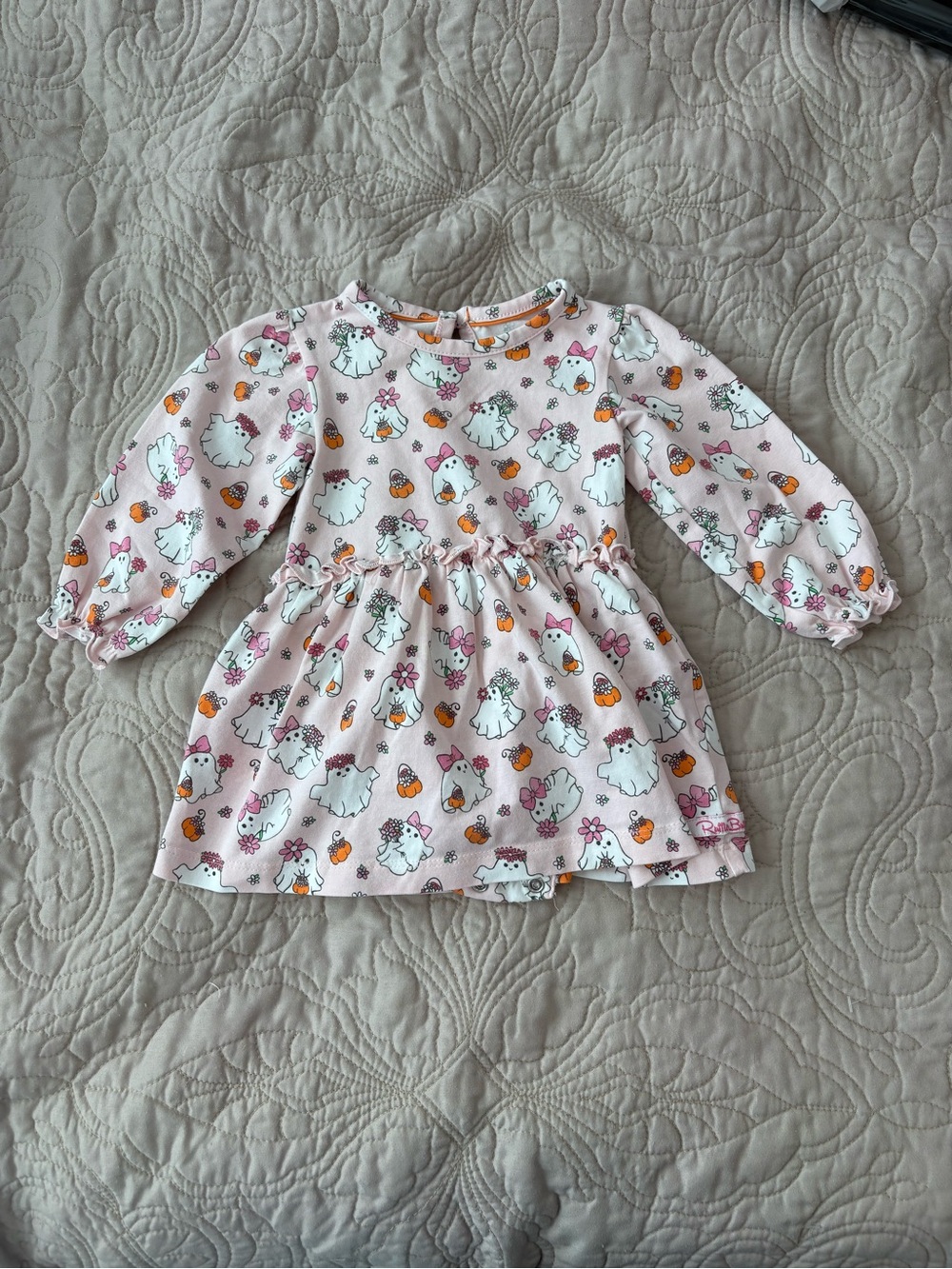 Ruffle Butts Pink Ghost & Pumpkin Print Long Sleeve Dress